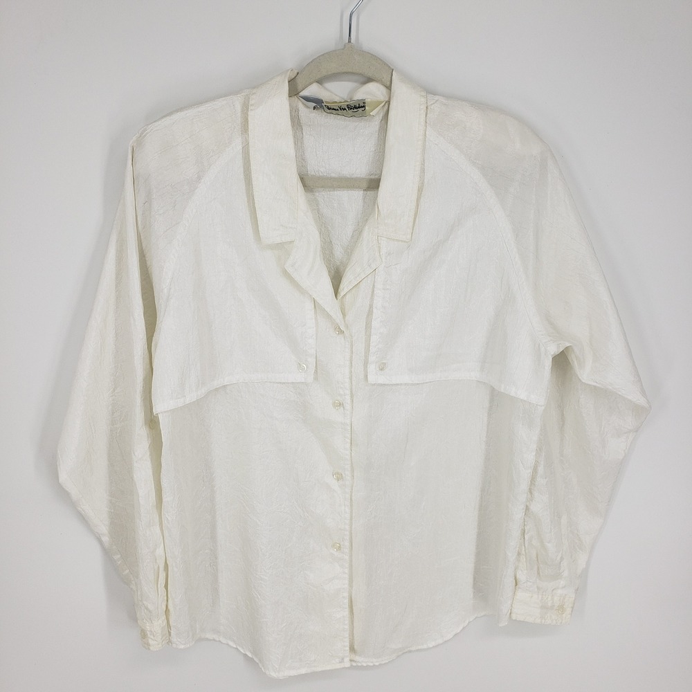Vintage 80s Diane Von Furstenberg Crinkle Button Up Utility Top Women 10 Cream